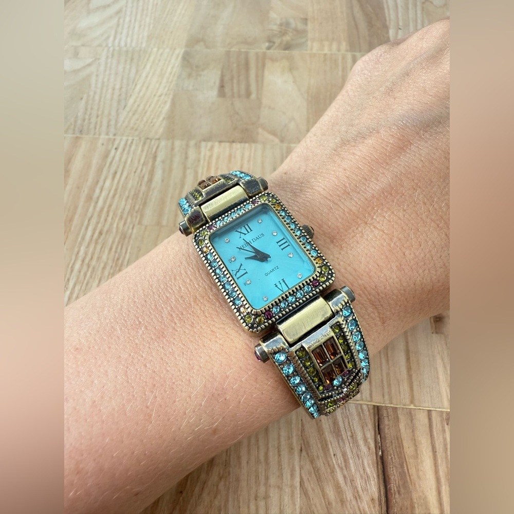Heidi Daus ladies blue dial multi color stone cuff bracelet watch NEW BATTERY